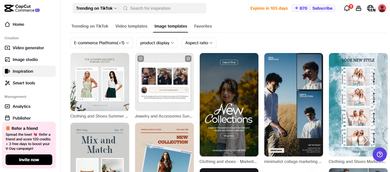 Pippit showcasing templates for affiliate marketing, including clothing and jewelry displays.